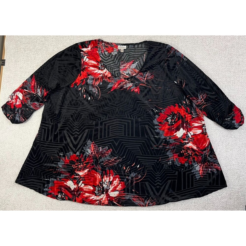 Avenue Velvet Velour Floral Tunic Top Women's Plus 30 32 Red Black 3/4 Sleeve